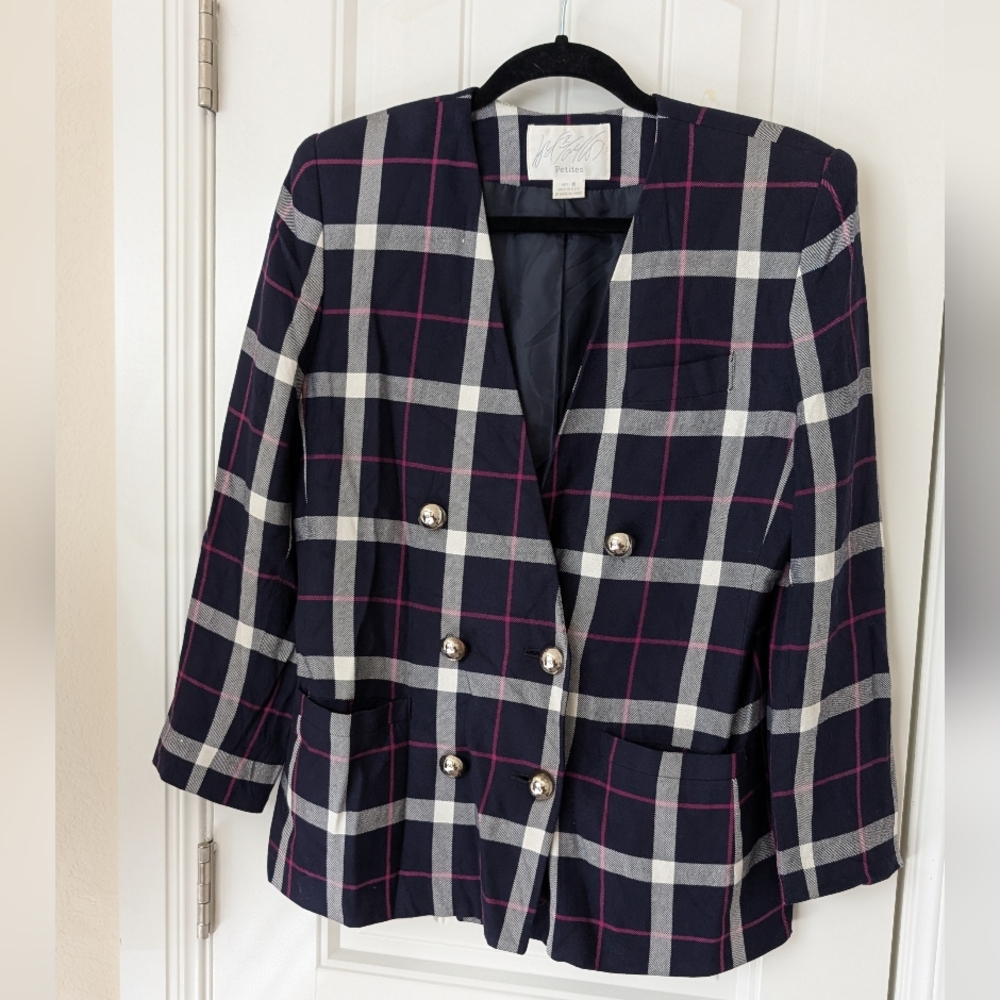 VTG‎ Navy & Pink Plaid Double Breasted Blazer